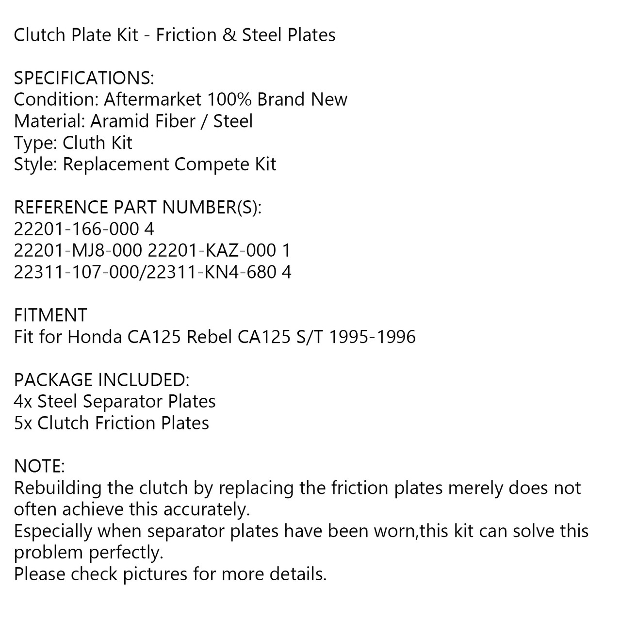 Clutch Plate Kit Fit For Honda CA125 Rebel CA125 S/T 95-96