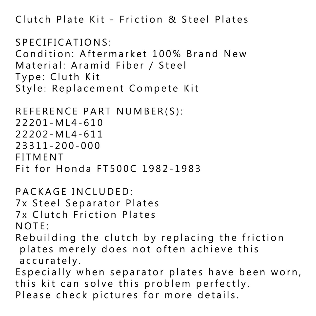 Clutch Plate Kit Fit For Honda FT500C 1982-1983