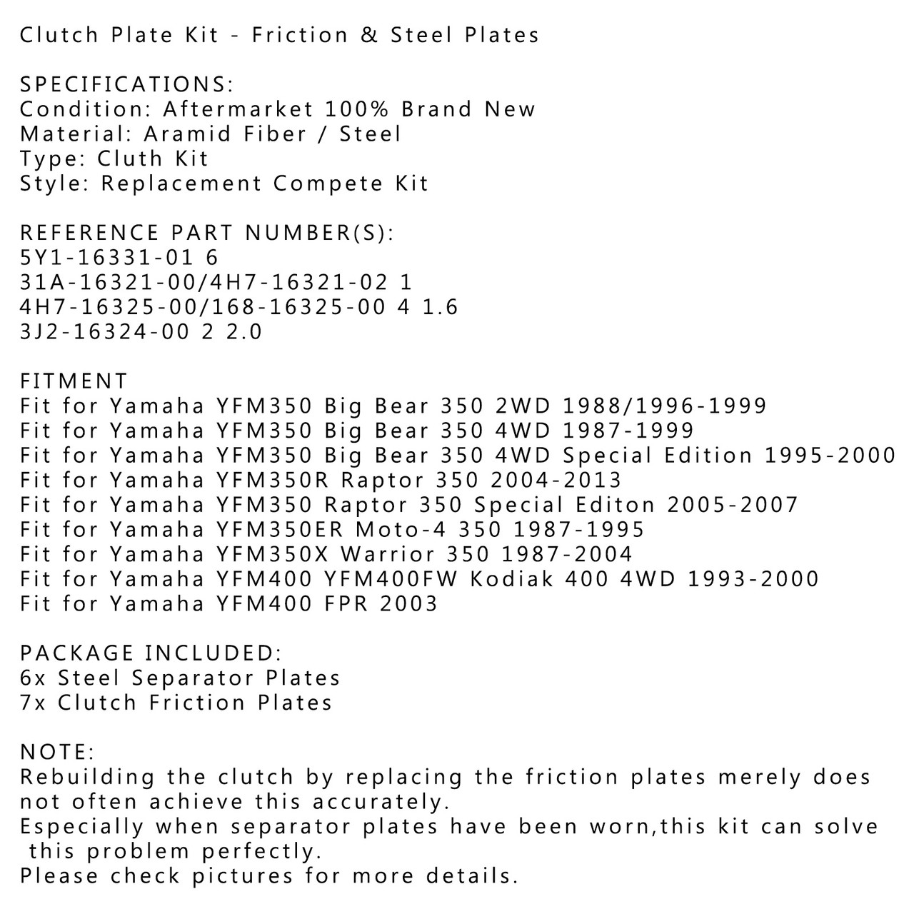 Clutch Plate Kit Fit For Yamaha YFM350 Big Bear 350 2WD 96-99 YFM350ER Moto-4 350 87-95 YFM350X Warrior 350 87-04
