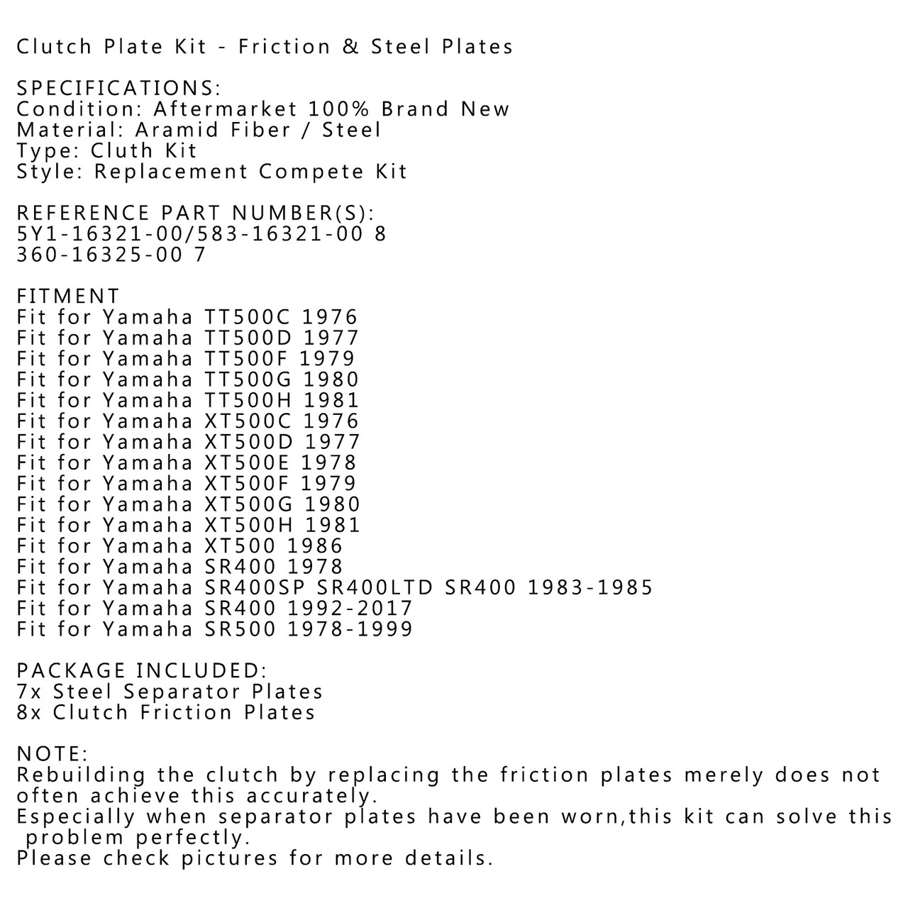 Clutch Plate Kit Fit For Yamaha TT500C XT500C 76 TT500D XT500D 77 XT500G TT500G 80 SR400SP SR400LTD SR400 83-85 SR400 92-17