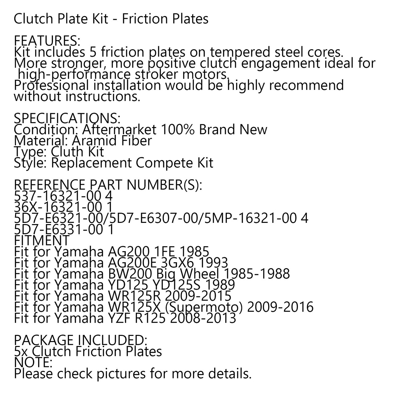 Clutch Plate Kit Fit For Yamaha AG200 1FE 85 AG200E 3GX6 93 BW200 Big Wheel 85-88 YD125 YD125S 89 WR125X 09-16 YZF R125 08-13