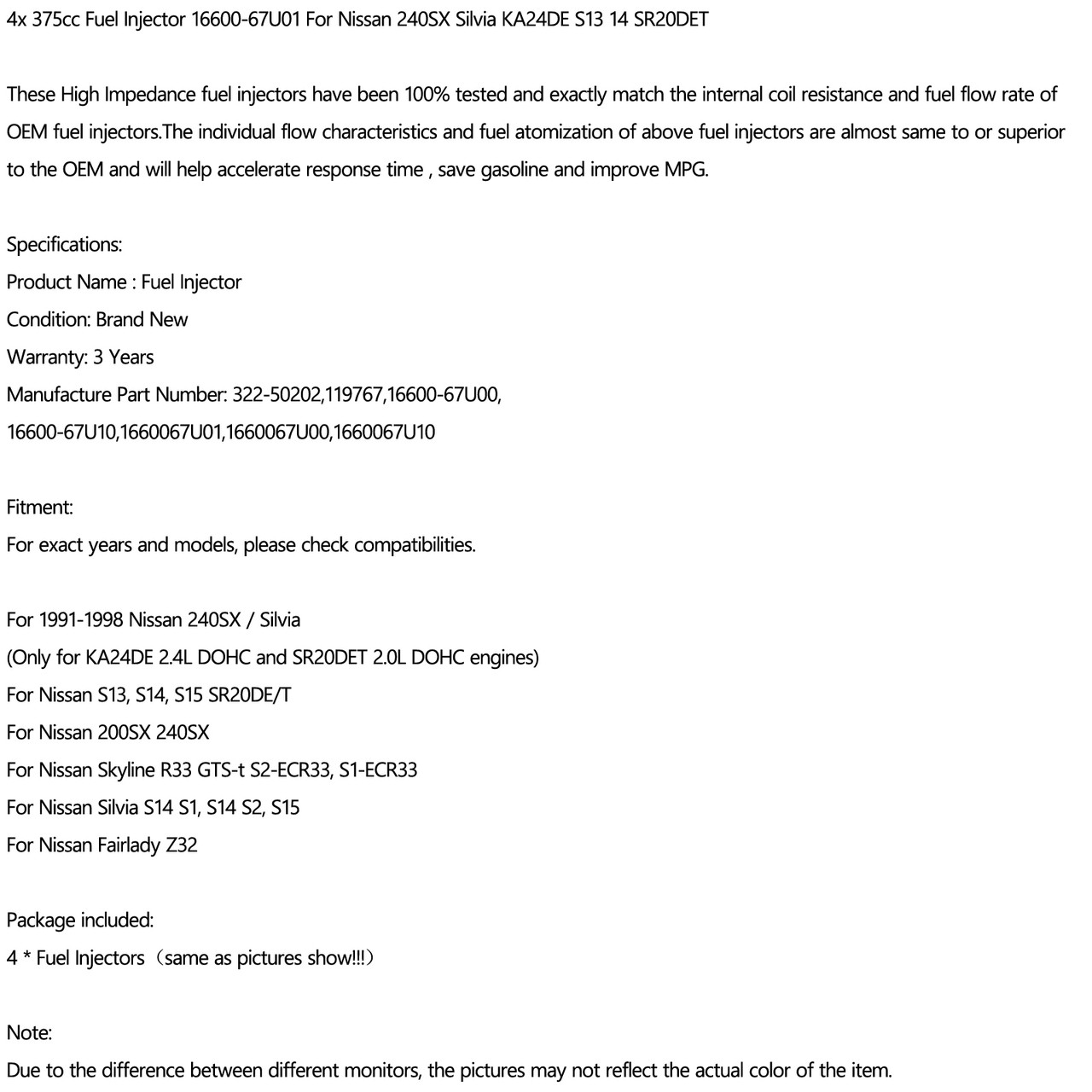 4PCS 375cc Fuel Injector 16600-67U01 Fit For Nissan 240SX/Silvia 91-98 200SX 240SX Silvia S14 S1 Fairlady Z32 Purple