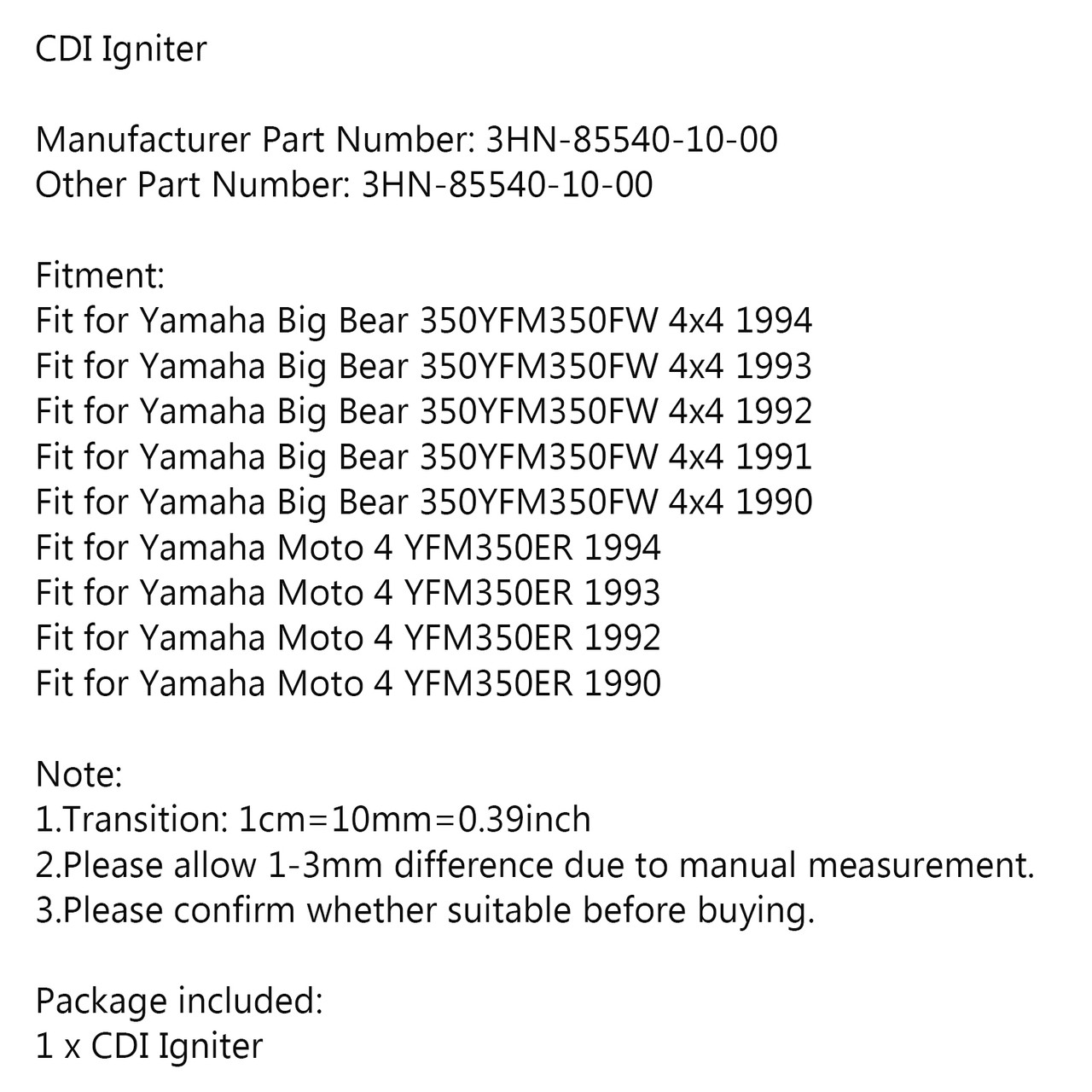 CDI Igniter Fit For Yamaha Big Bear 350YFM350FW Moto 4 YFM350ER 90-94