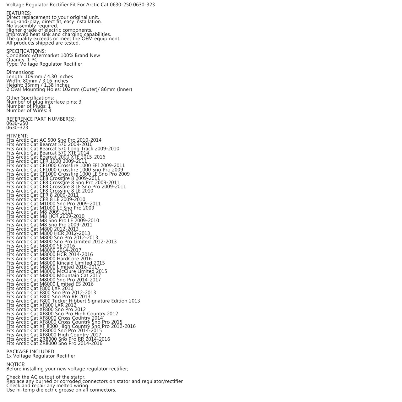 Voltage Regulator Rectifier Fit For Arctic Cat Sno Pro M800 XF800 LXR M8000 HardCore 0630-250 0630-323
