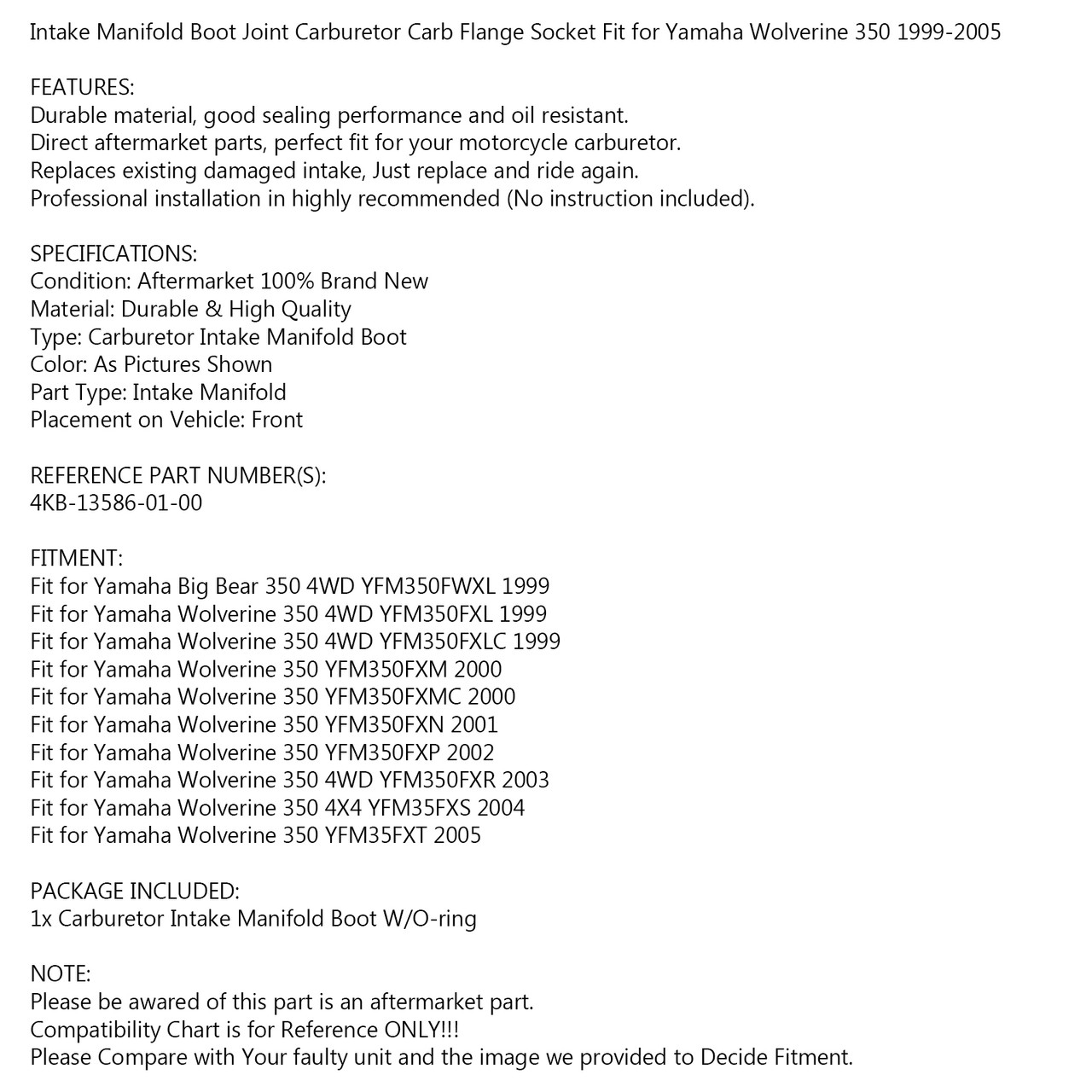 Intake Manifold Boot Joint Carburetor Carb Flange Socket Fit for Yamaha Wolverine 350 4WD YFM350FXL YFM350FXLC 99 YFM350FXM YFM350FXMC 00