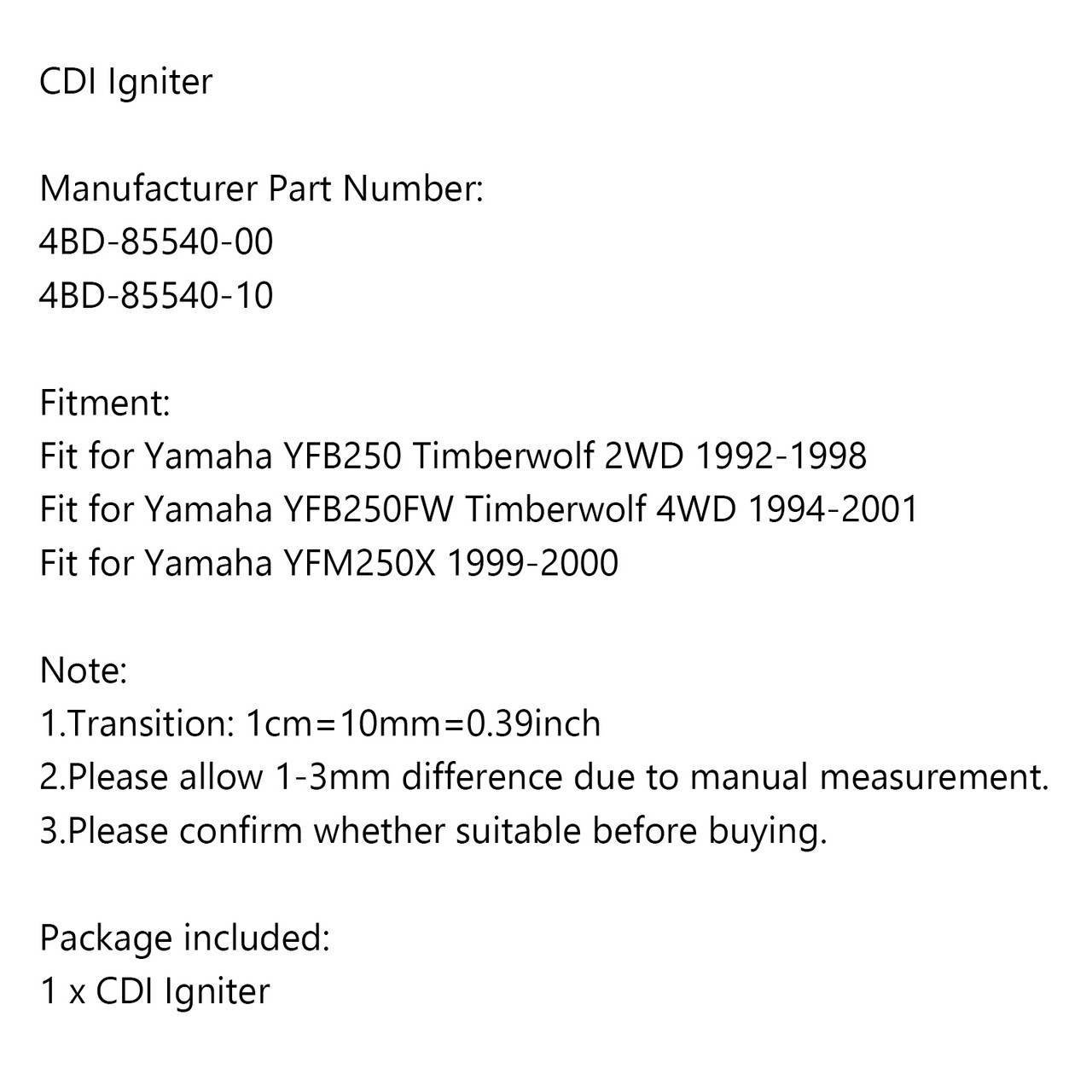 CDI Igniter Fit for Yamaha YFB250 Timberwolf 2WD 92-98 FW Timberwolf 4WD 94-01