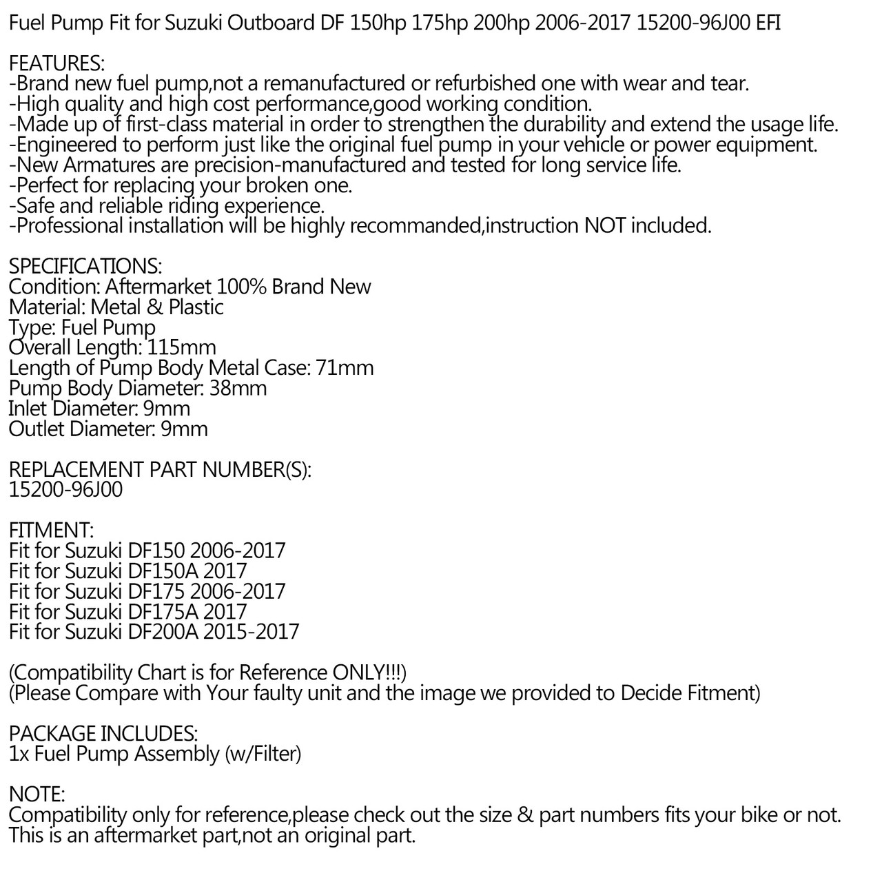 Fuel Pump Fit for Suzuki DF150 DF175 06-17 DF150A DF175A 17