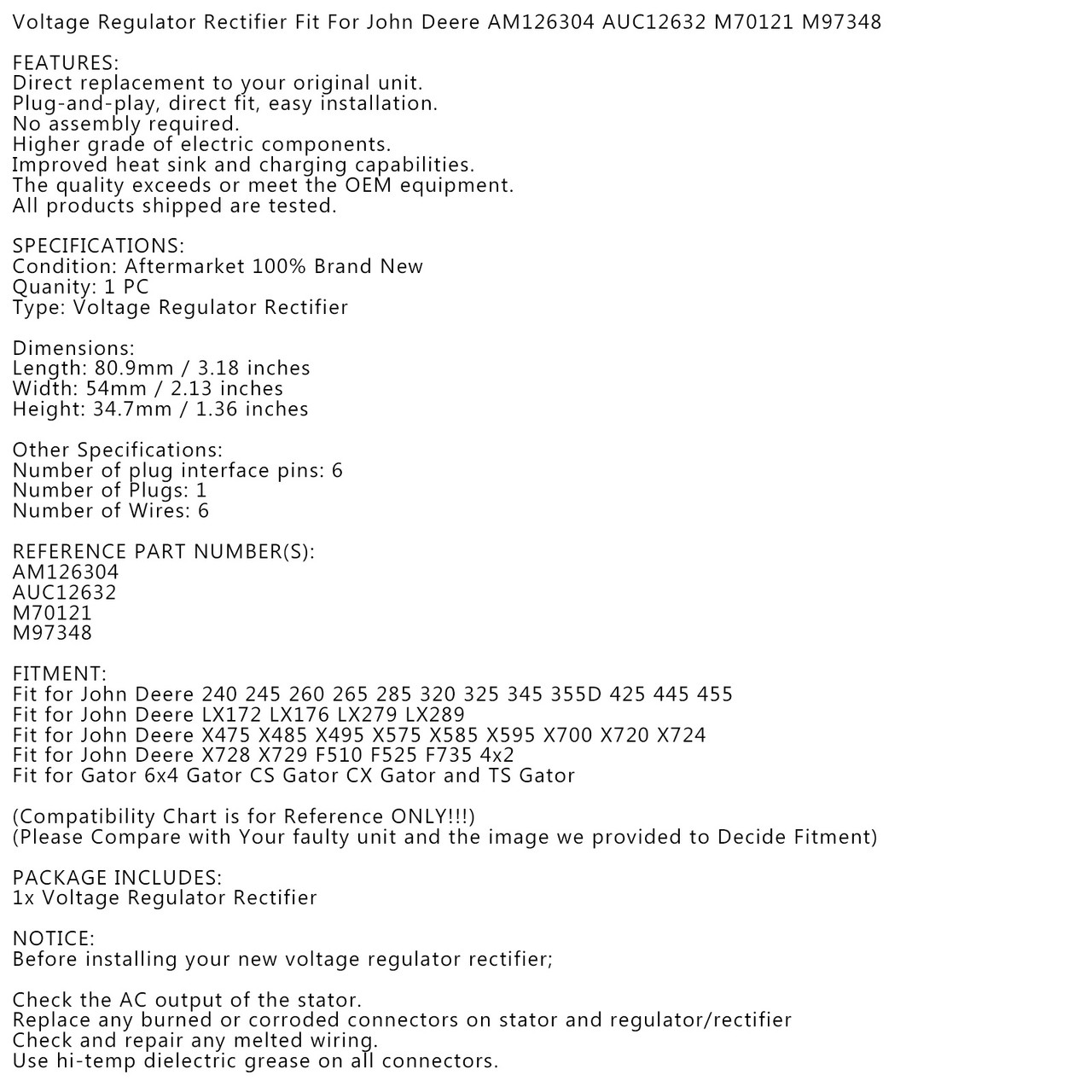 Voltage Regulator Rectifier Fit For John Deere Gator 6x4 Gator CS Gator CX Gator and TS Gator