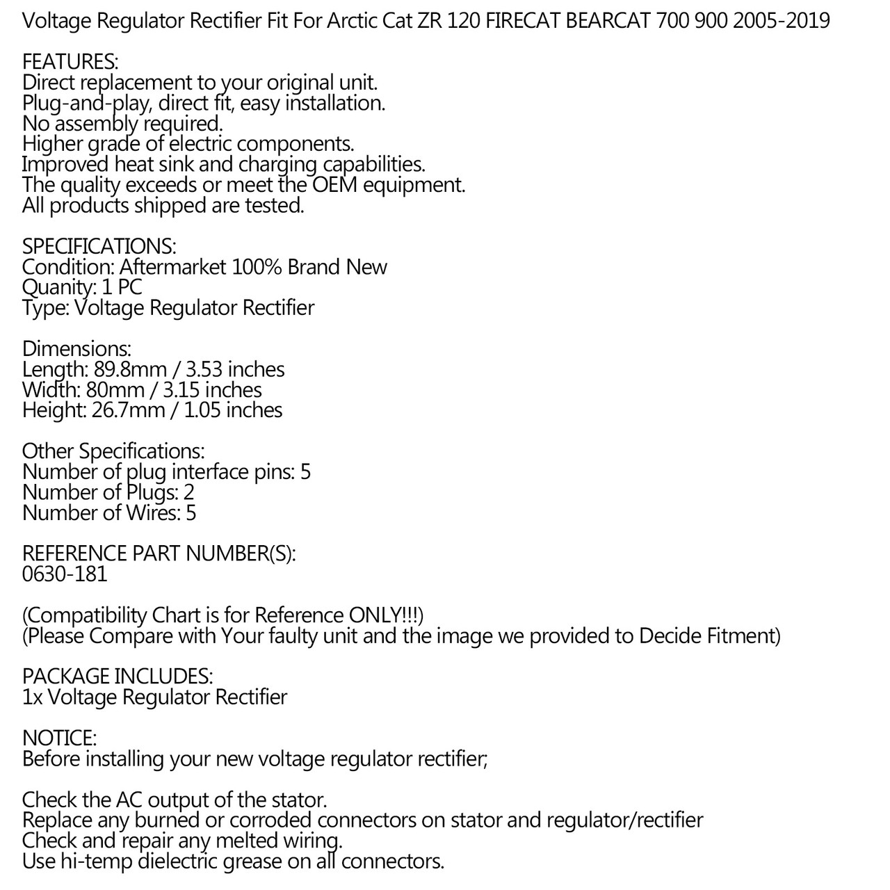 Voltage Regulator Rectifier Fit For Arctic Cat M5 M7 KING CAT FIRECAT ZR6000