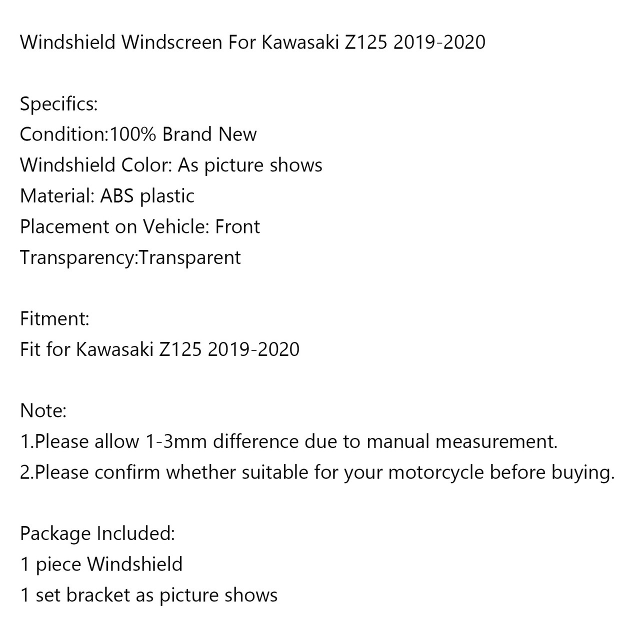 Windshield Windscreen For Kawasaki Z125 19-20 Black