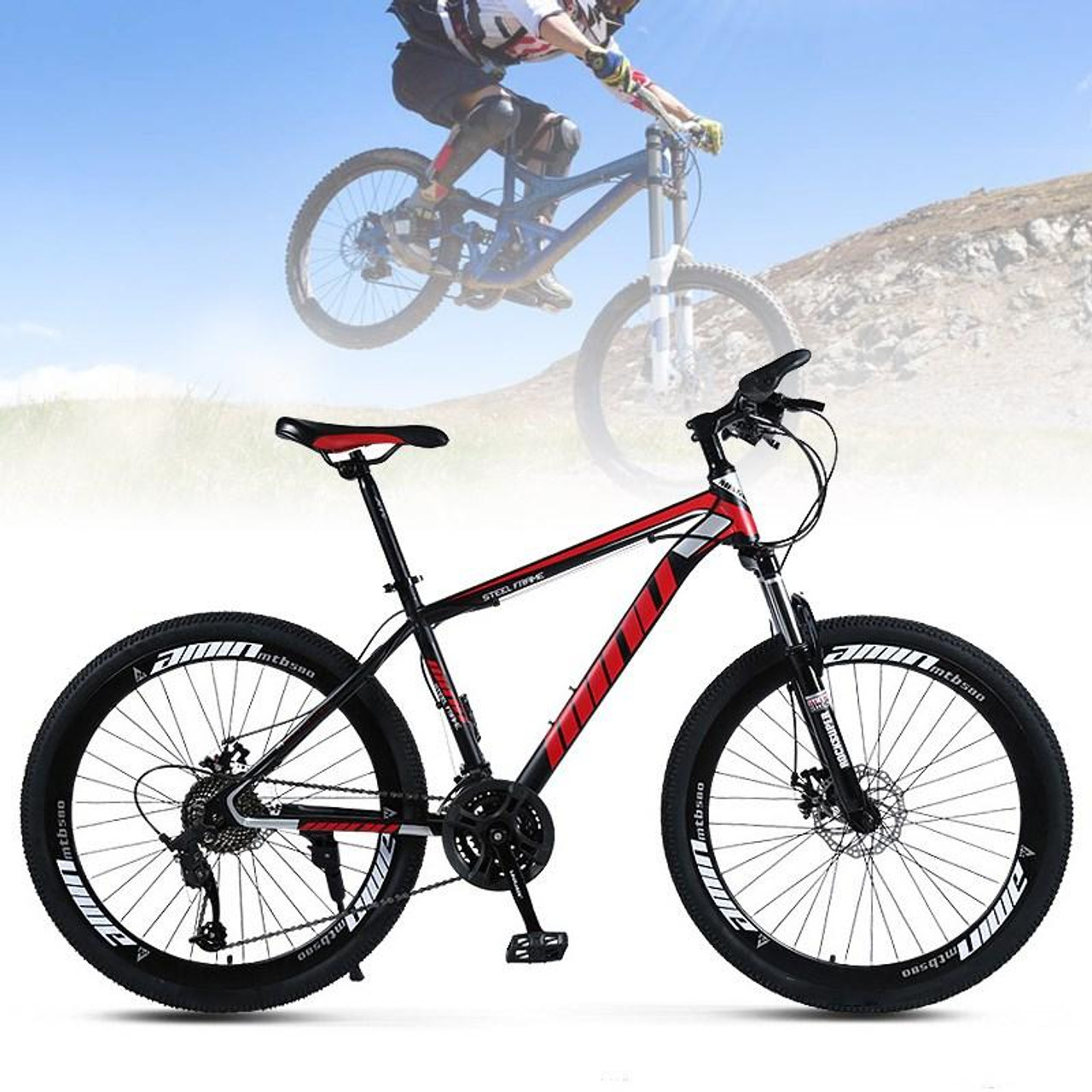 26 Inch Unisex Mountain Bike 21 Speed Mountain Bicycle Red+Black