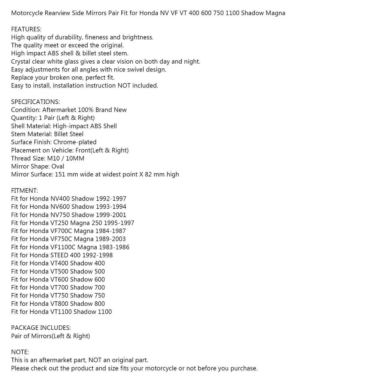 Motorcycle Rearview Side Mirrors Pair Fit for Honda NV400 Shadow 92-97 VT250 Magna 250 95-97  VT1100 Shadow 1100 Motorcycle Rearview Side Mirrors Pair Fit for Honda NV400 Shadow 92-97 VT250 Magna 250 95-97  VT1100 Shadow 1100