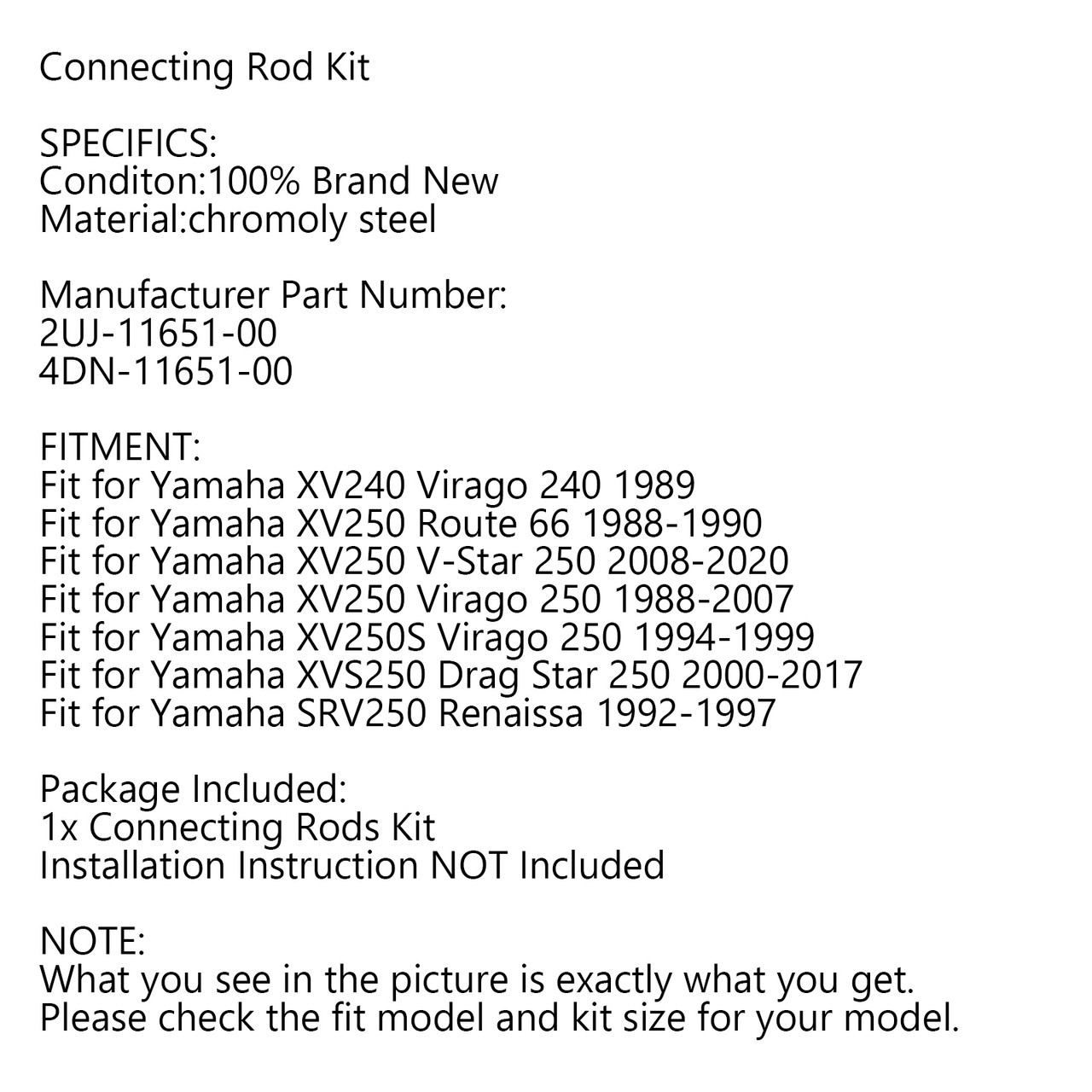 Connecting Rod Kit For Yamaha 2UJ-11651-00 XV240 89 XV250 XV250S XVS250 SRV250 92-97