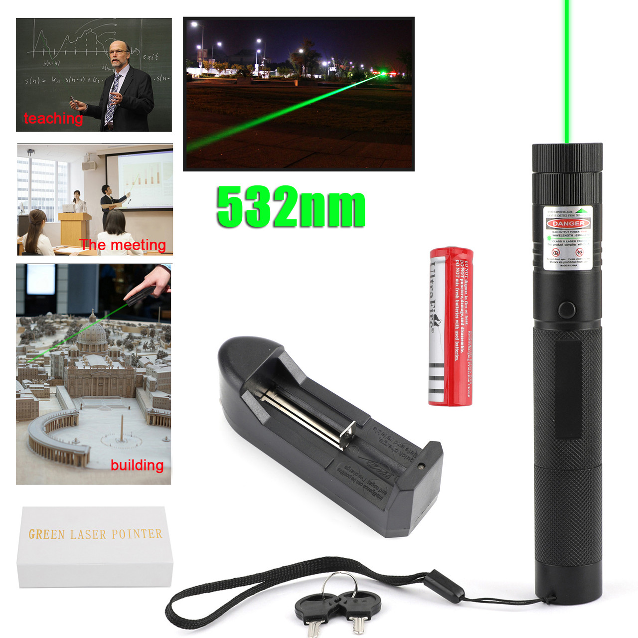 50Miles 532nm 303 Green Laser Pointer Lazer Pen Visible Beam Light+18650+Charger 