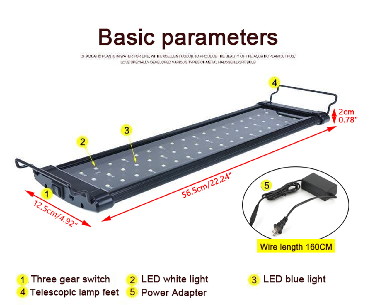 60cm LED Light Aquarium Fish Tank 0.5W Full Spectrum Plant Marine