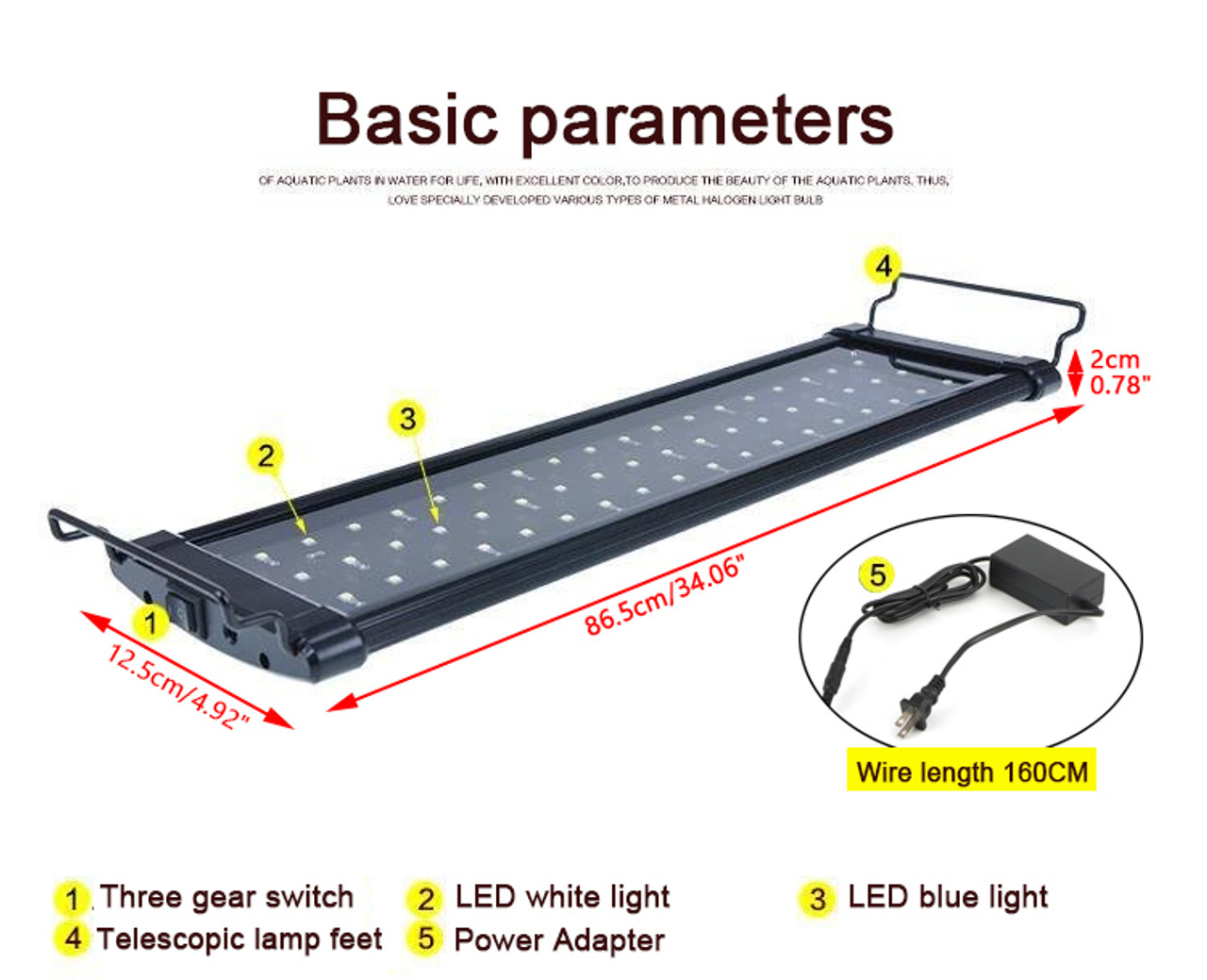 90cm LED Light Aquarium Fish Tank 0.5W Full Spectrum Plant Marine