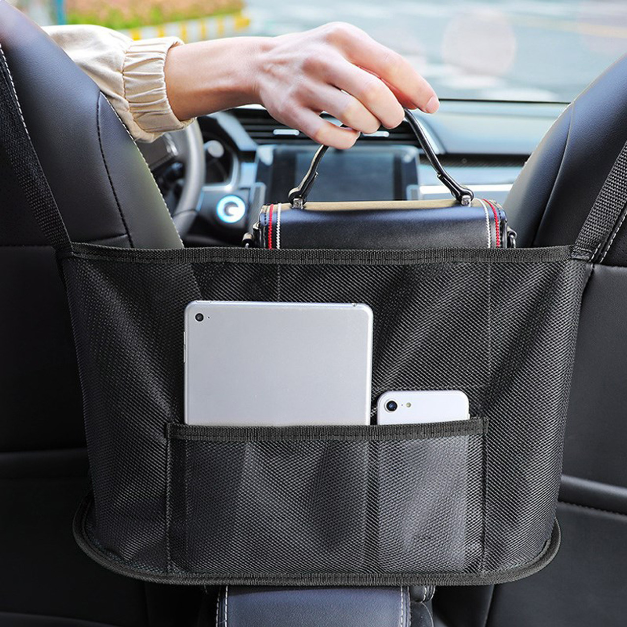 Car Net Pocket Handbag Holder Purse Organizer Seat Side Storage Mesh Bag Fit For General Model Black