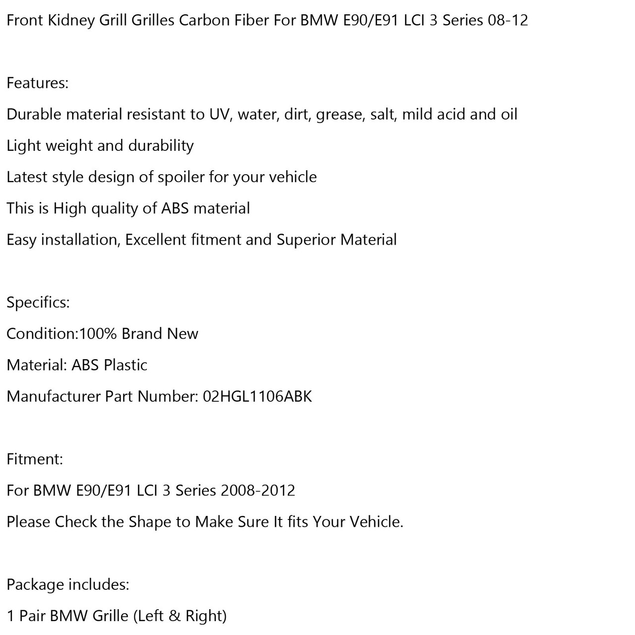 Front Kidney Grill Grilles Carbon Fiber Fit For BMW E90/E91 LCI 3 Series 2008-2012