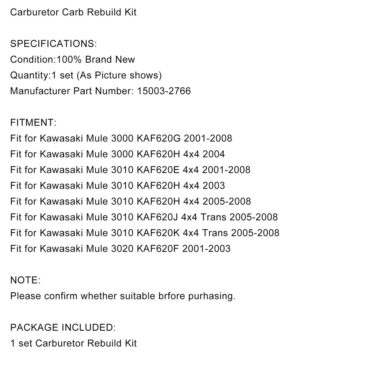 Carburetor Carb Rebuild Kit Fit for Kawasaki Mule 3000 KAF620G KAF620H KAF620J 4x4 Trans