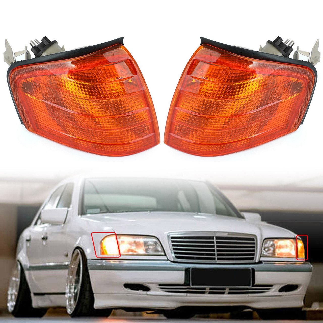 Pair Corner Lights Turn Signal Lamps Fits For Mercedes Benz C Class W202 1994-2000 Yellow