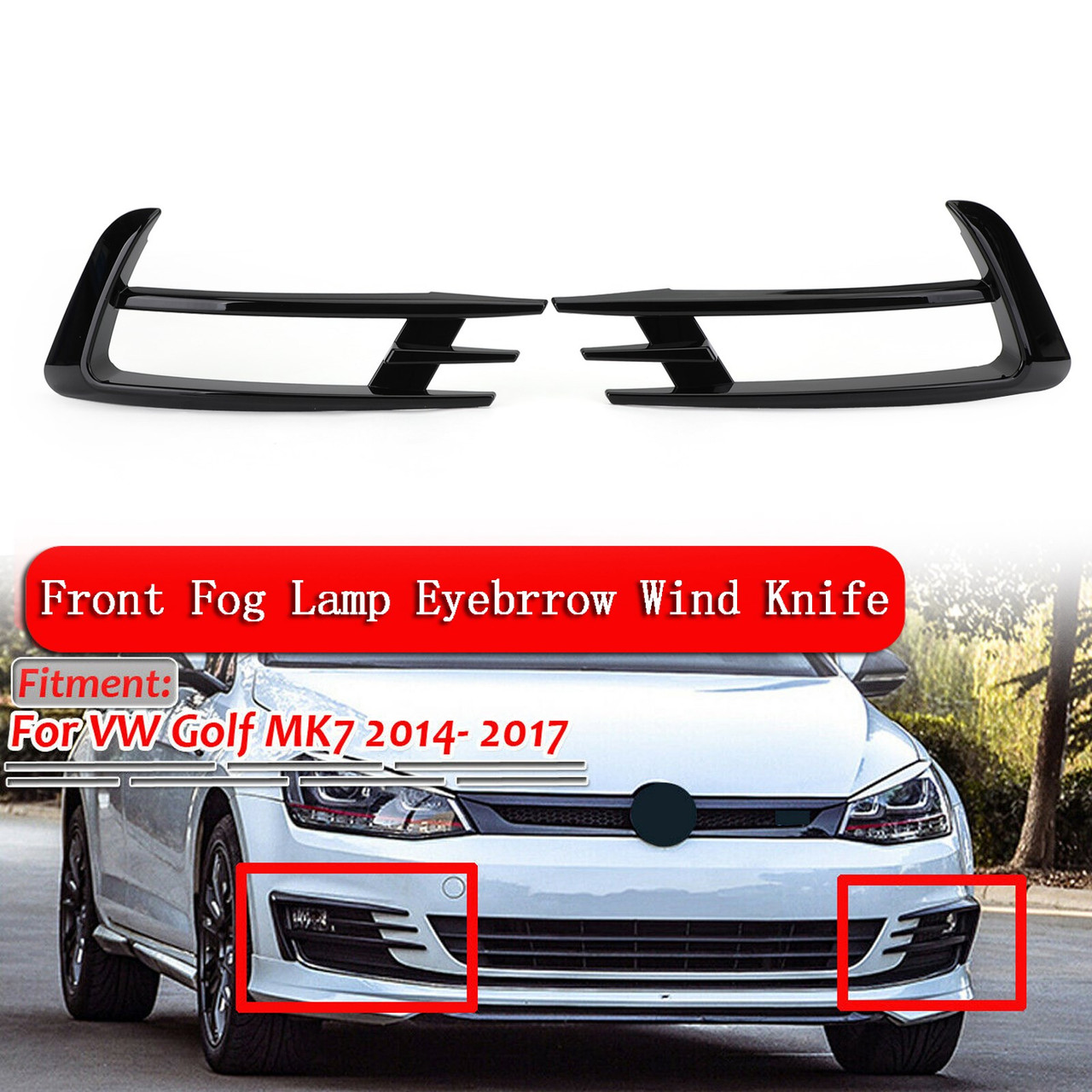 2PCS Front Fog Light Lamp Eyebrow Cover Trim Fits For VW Golf 7 MK7 2014-2017 Glossy Black