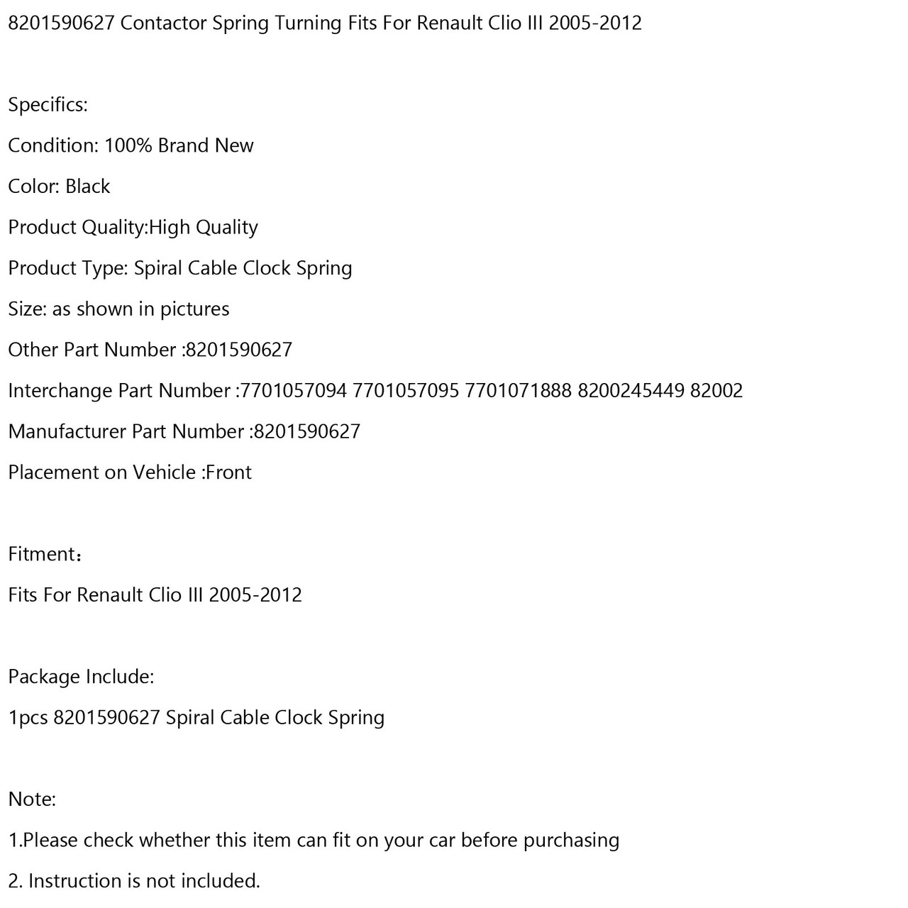 8201590627 Contactor Spring Turning Fits For Renault Clio III 2005-2012 Black