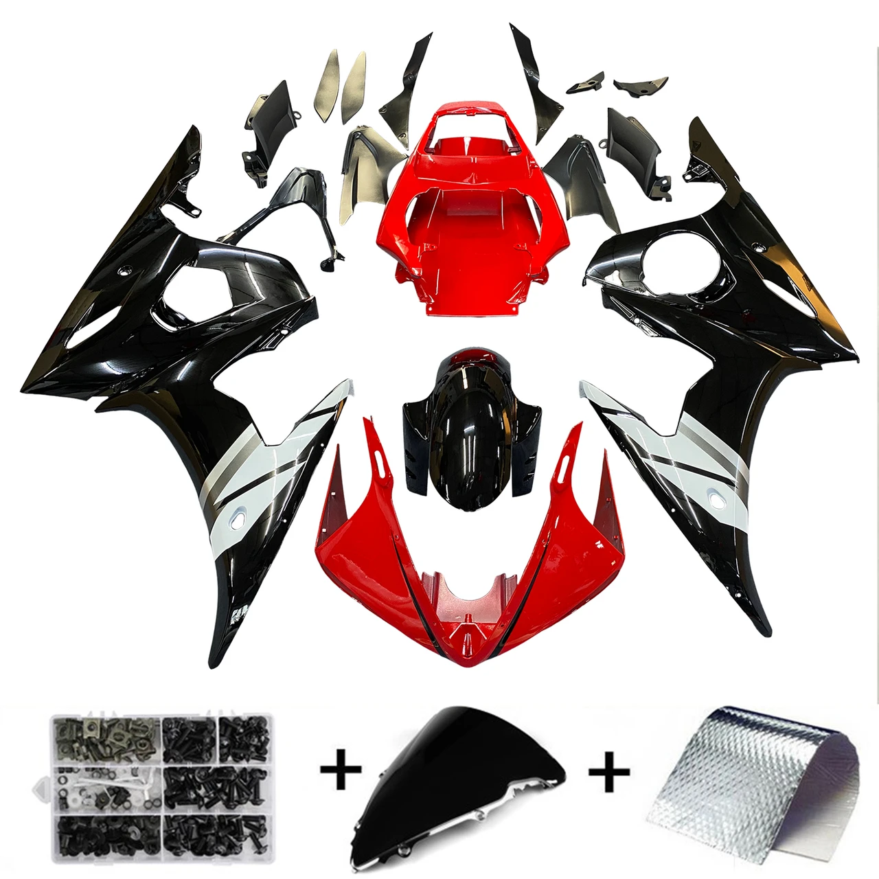 Amotopart Fairing Injection Plastic Kit Red White w/bolt kit Fit For YAMAHA 2005 YZF R6