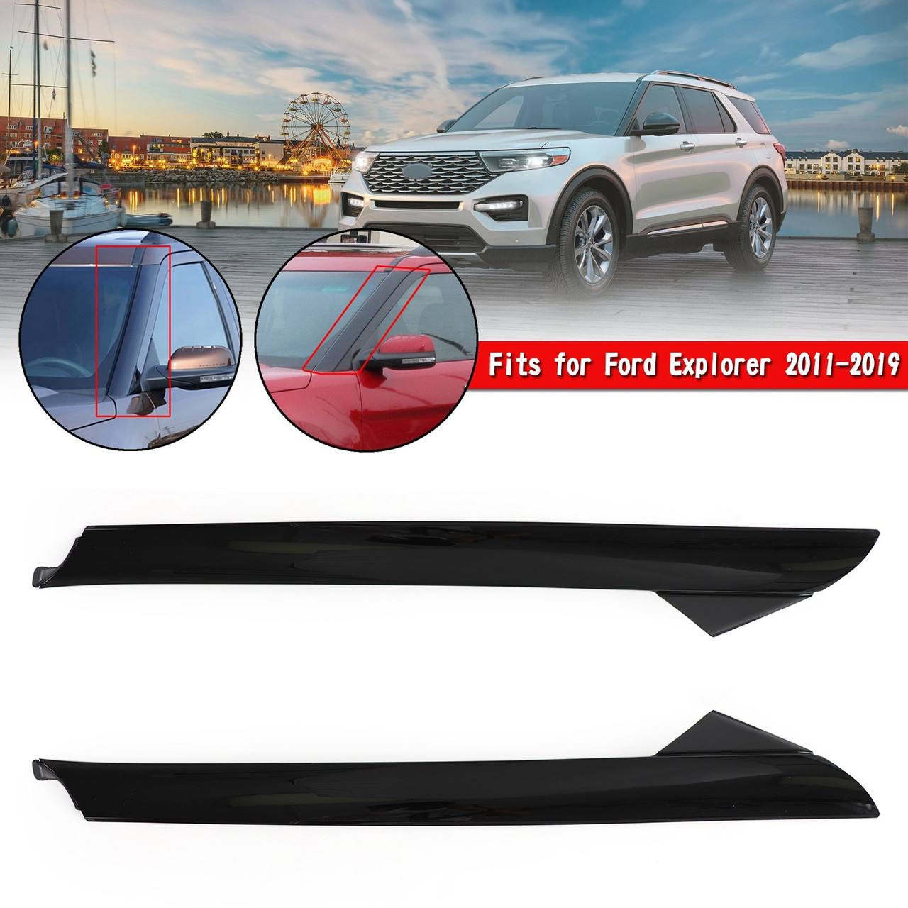 Left+Right Pair Side Windshield Outer Trim Molding Fit for Ford Explorer 2011-2019 Black