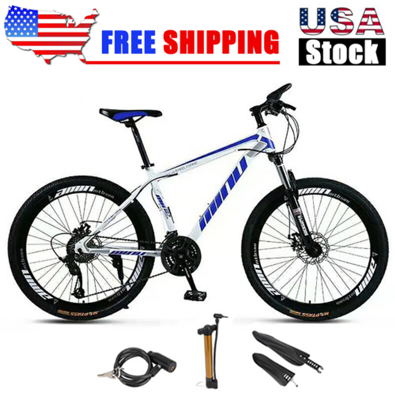 Mountain Bike 26 inch Wheels 21 Speed Bicycle Disc Bicycles Bike+Lock+Air Pump White+Blue