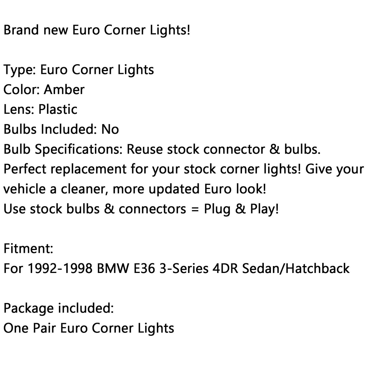 Euro Corner Lights Fit For BMW E36 3-Series 4Dr Sedan/Hatchback 1992-1998 Amber