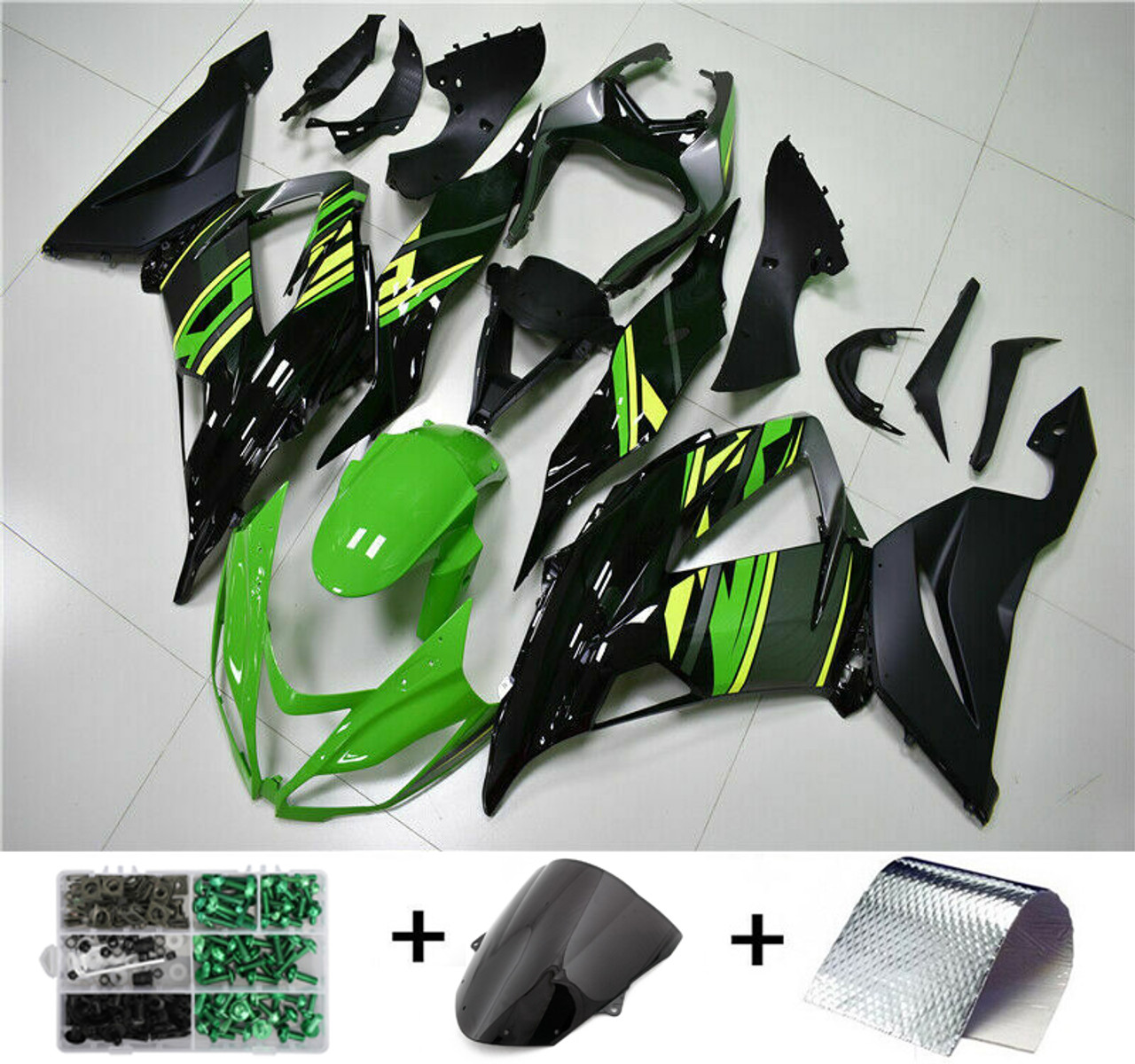 Fairing Injection Plastic Kit Green Black Fit For Kawasaki Zx6R 13-16 W/Bolt Kit