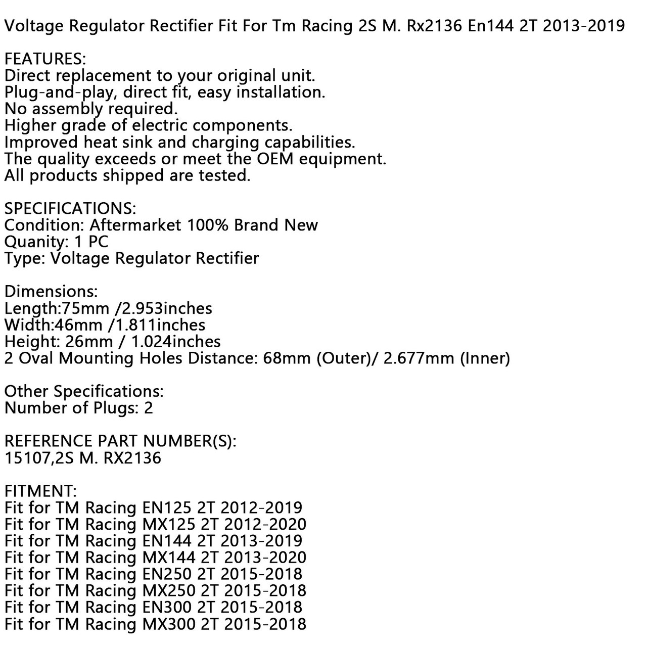 Voltage Regulator Rectifier Fit For Tm Racing EN125 2T 12-19 MX125 2T 12-20 EN144 2T 13-19