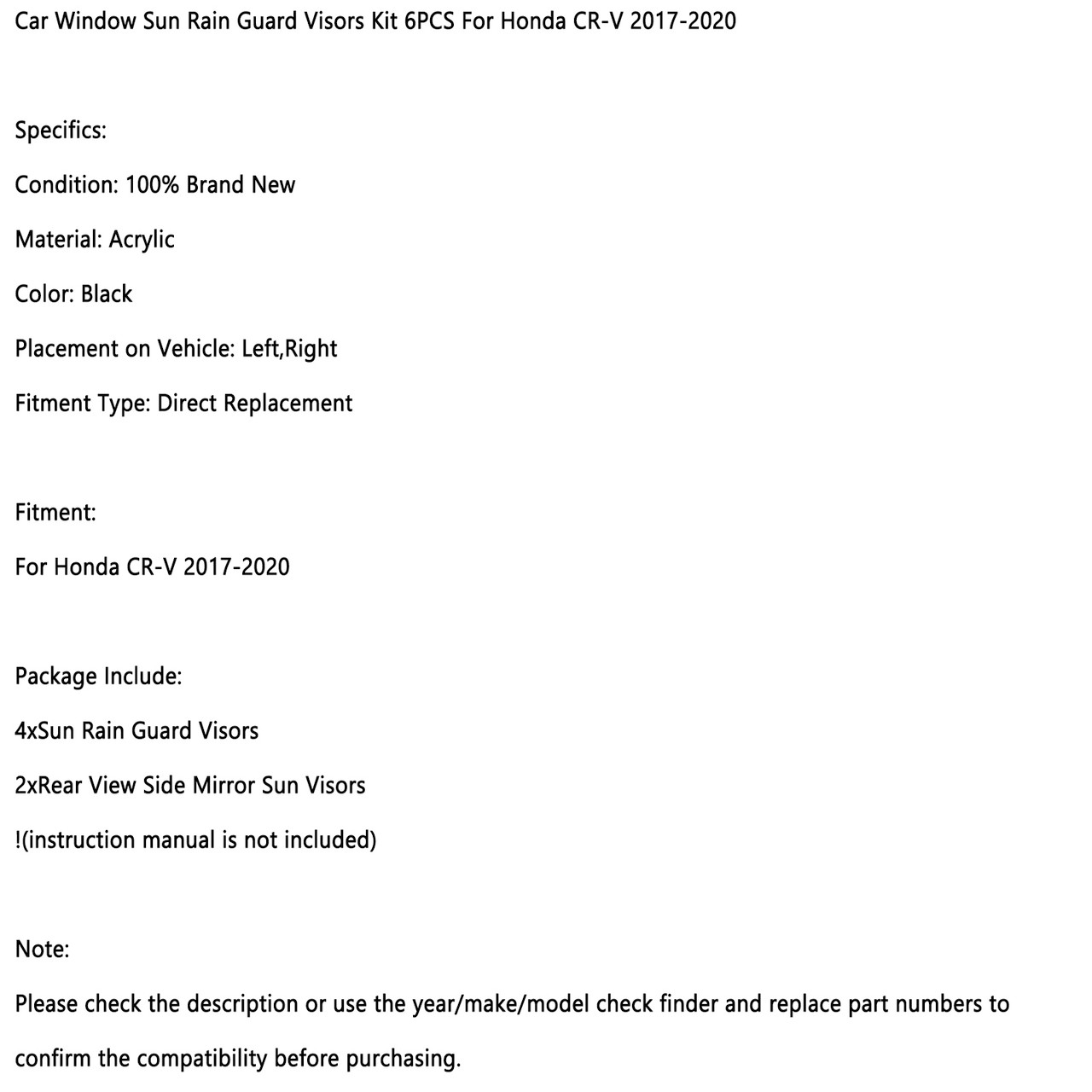 Car Window Sun Rain Guard Visors Kit Fit For Honda CR-V 2017-2020 Black