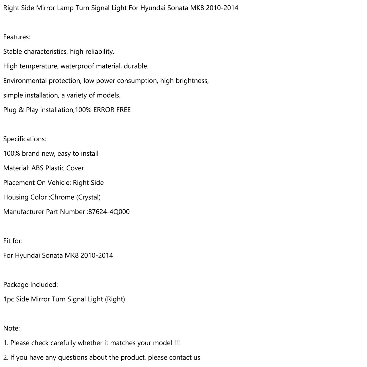 Right Side Mirror Lamp Turn Signal Light Fit For Hyundai Sonata MK8 2011-2015 Chrome