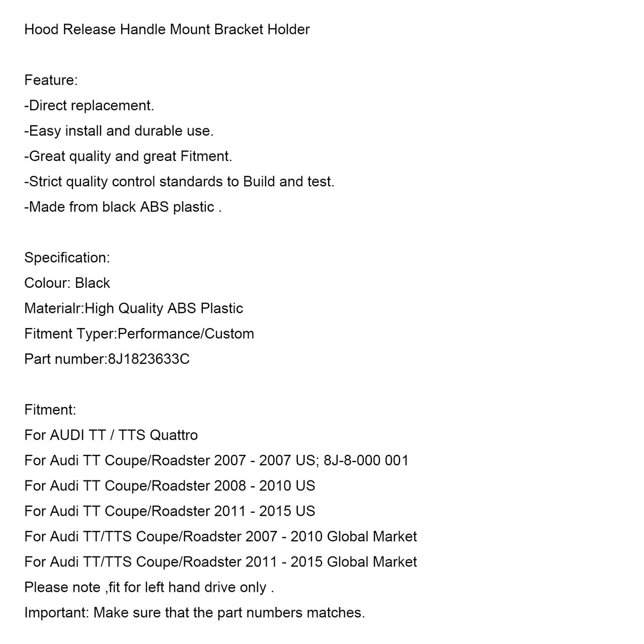 Hood Release Handle Mount Bracket Holder Fit for AUDI TT Coupe/Roadster 2007 TTS Coupe 07-10 Black