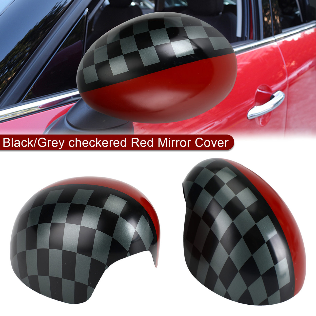 Black/Grey Checkered Red Mirror Cover Fit For MINI Cooper Hardtop F55 F56