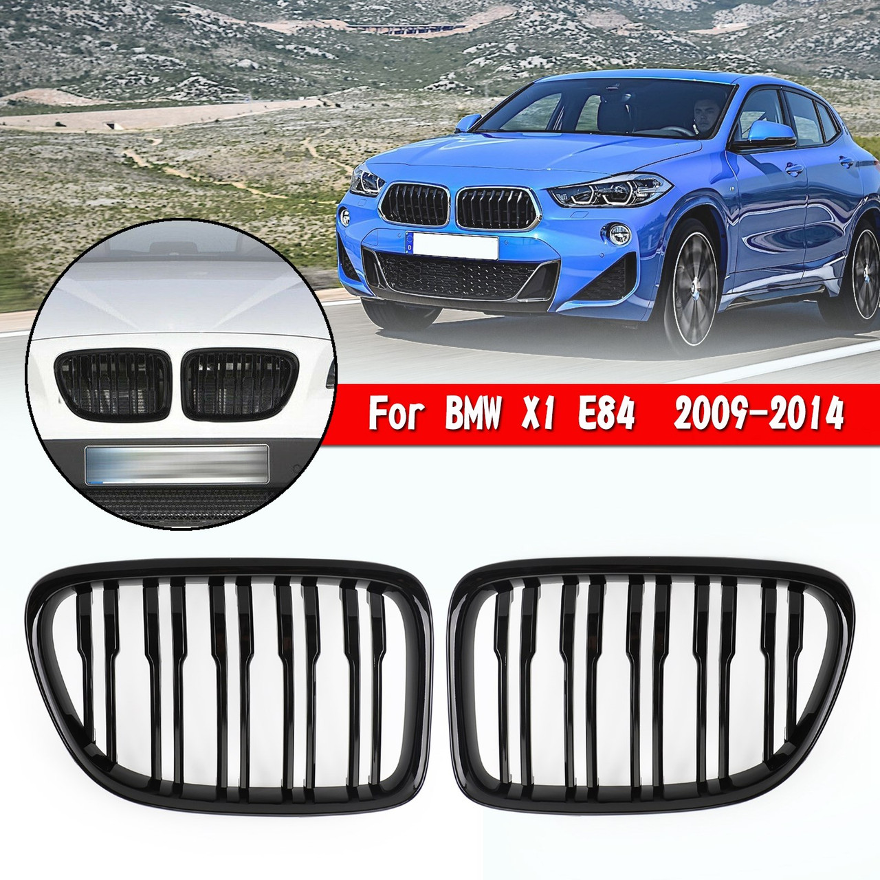 BMW X1 E84 2009-2014 Dual Slats Front Hood Kidney Grill Grille Generic Gloss Black