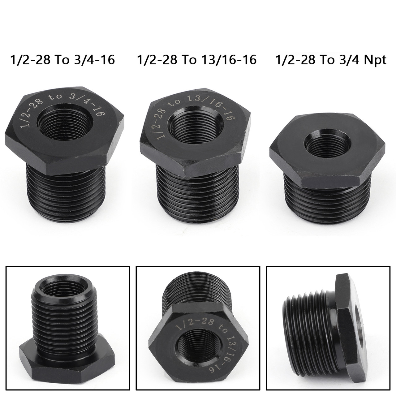 3PCS 1/2-28 to 3/4-16, 13/16-16, 3/4 NPT Thread Oil Filter Adapters Black