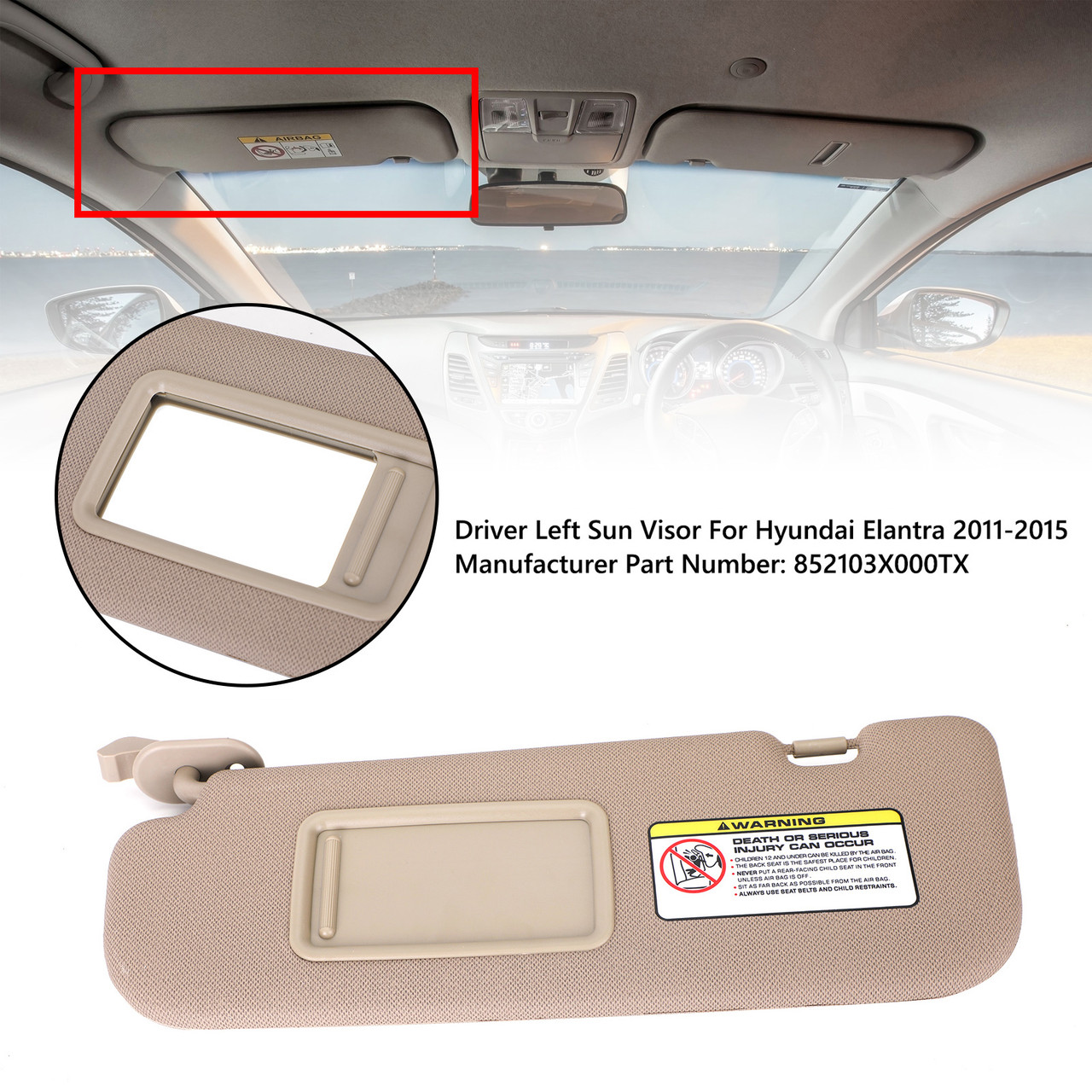 Sun Visor Driver Left Side 852103X000 Fit for Hyundai Elantra MD 2011-2015