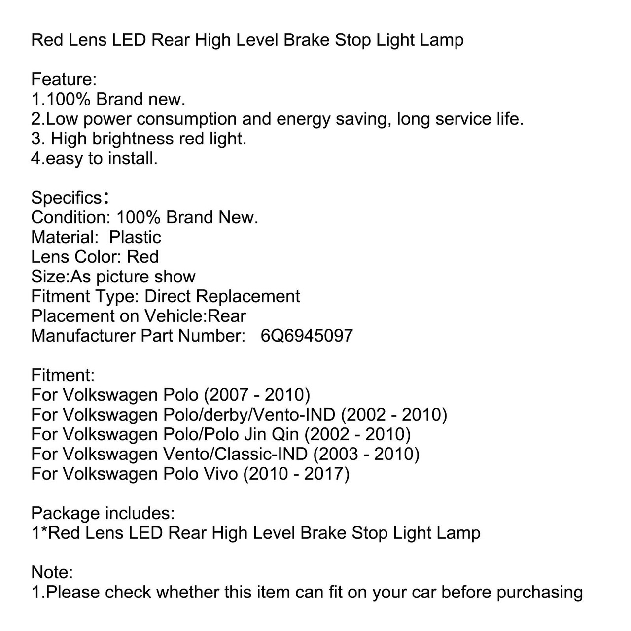 Lens LED Rear High Level Brake Stop Light Lamp Fit for Volkswagen Polo 07-10 Vivo 10-17 Red