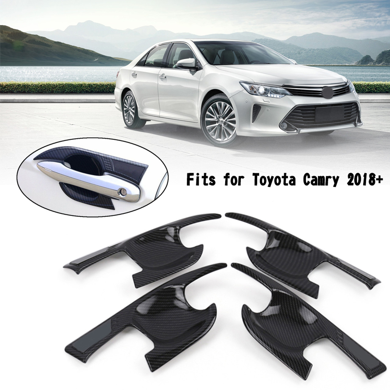 4x Door Handle Bowl Cover Trim Fit for Toyota Camry 2018+ Carbon Fiber
