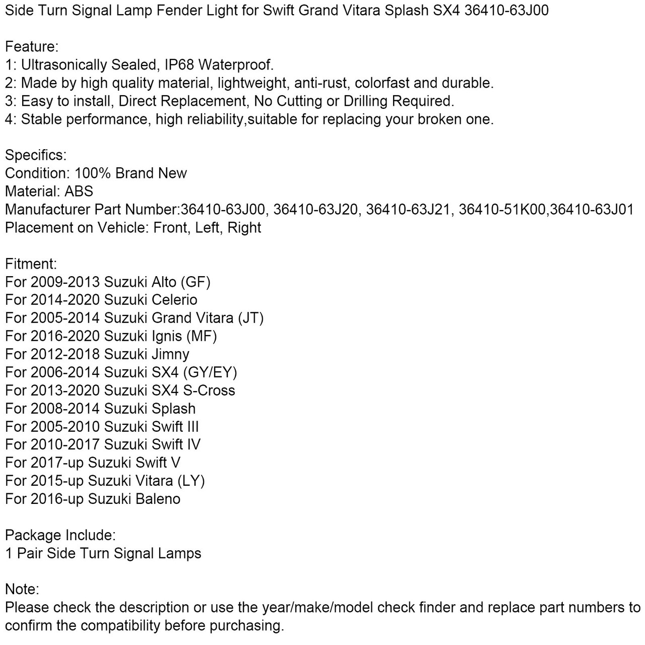 Side Turn Signal Lamp Fender Light Fit for Suzuki Alto Splash 09-13 Celerio 14-20 Grand Vitara 05-14 Ignis SX4 S-Cross 16-20 Jimny SX4 S-Cross 13-18 Swift IV 10-17 Clear