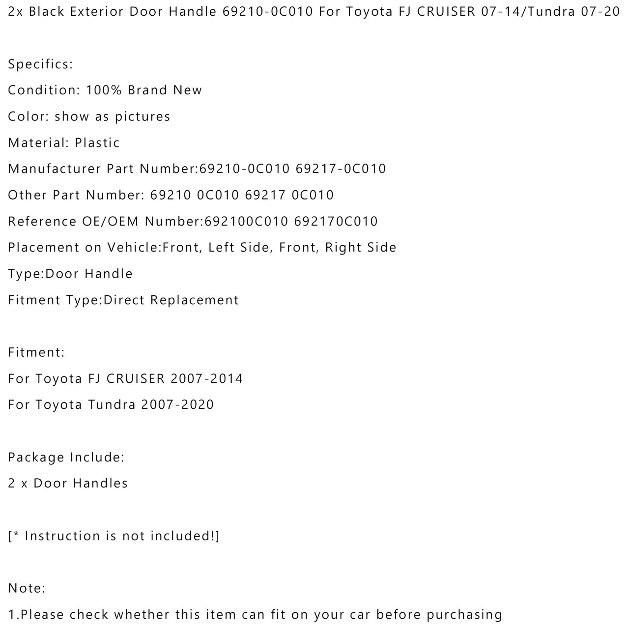 2x Black Exterior Door Handle 69210-0C010 Fit for Toyota FJ CRUISER Tundra 2007-2014 BLK