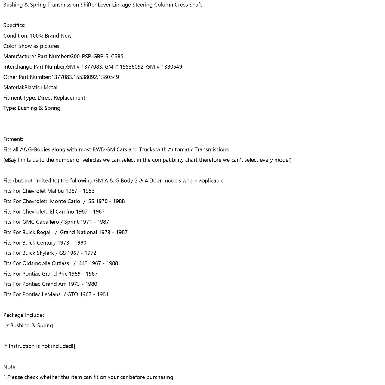 Bushing & Spring Transmission Shifter Lever Linkage Steering Column Cross Shaft Fit for Chevrolet Malibu 96-83 Monte Carlo 70-88 El Camino 67-87 GMC Caballero Sprint 71-87