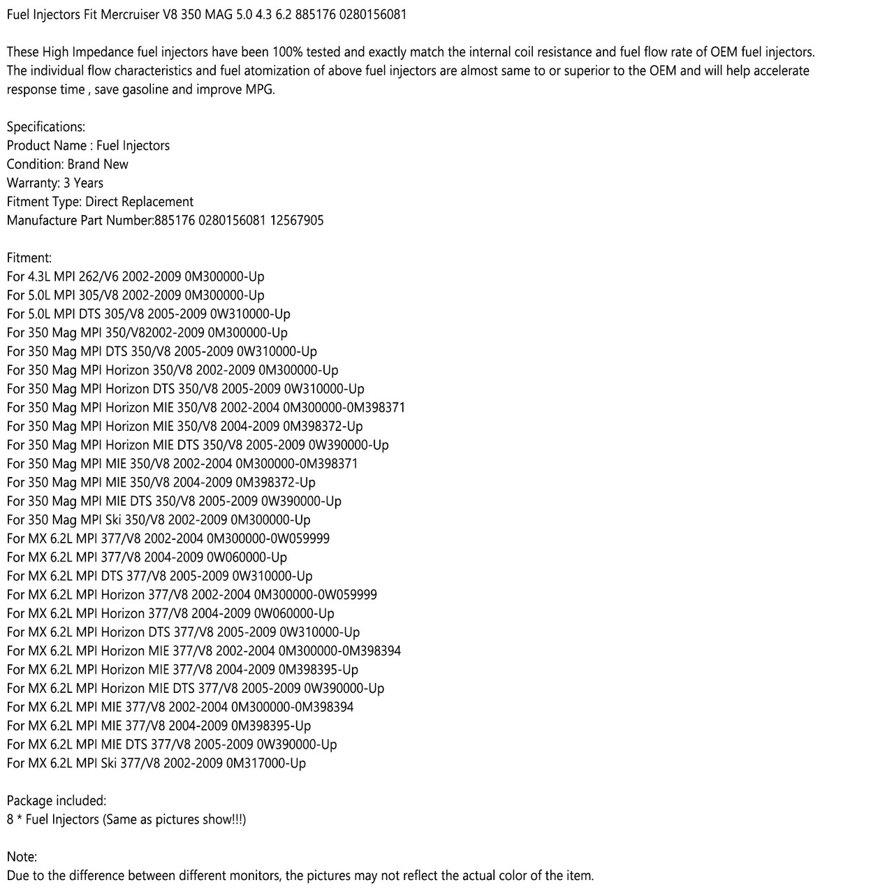 8pc Fuel Injectors Fit for Mercruiser MPI 262/V6 Mag MPI 350/V8 02-09 Horizon 377/V8 02-04