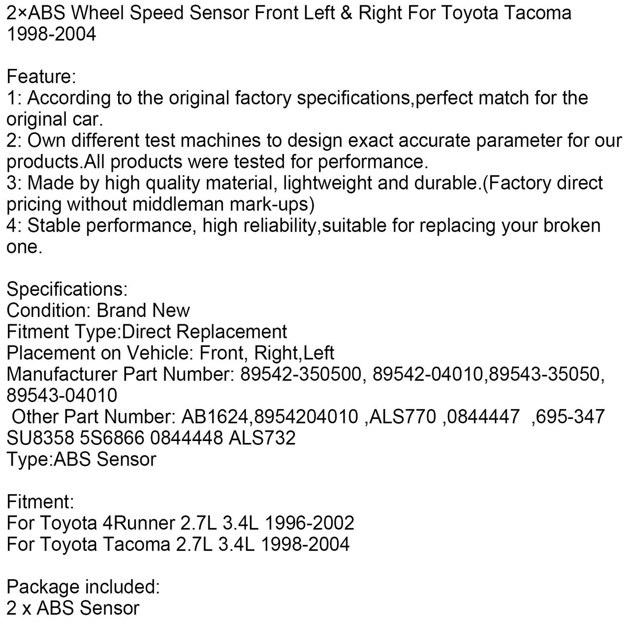 2pcs Wheel Speed Sensor Front Left & Right Fit for Toyota 4Runner 96-02 Tacoma 98-04