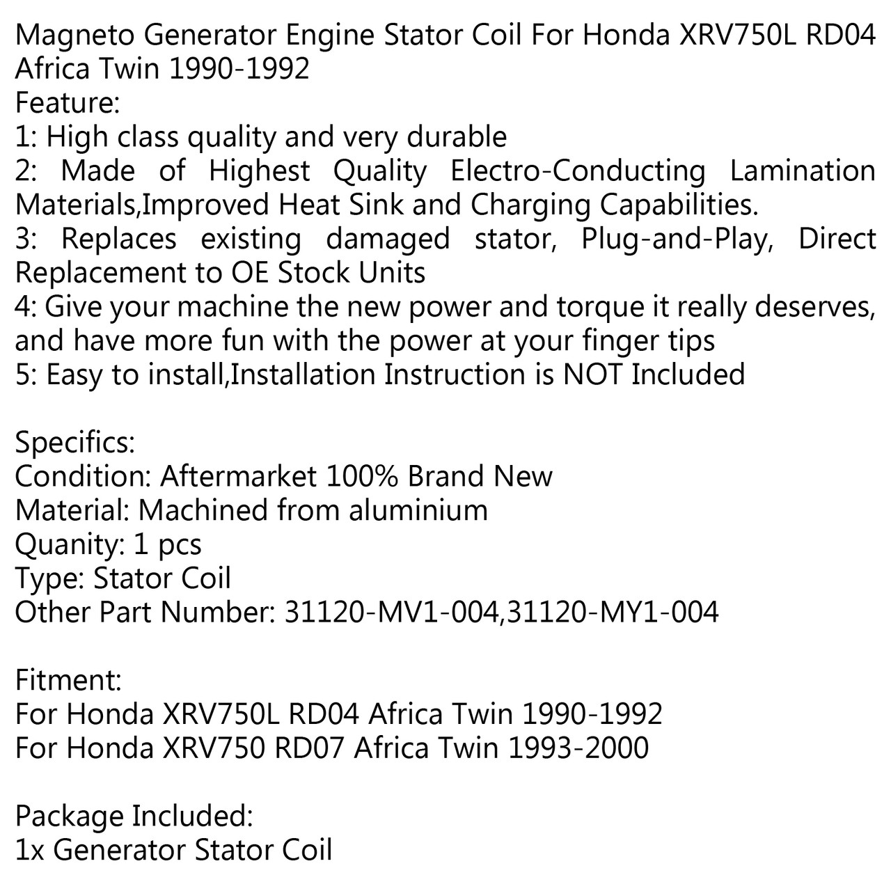 Magneto Generator Engine Stator Coil Fit for Honda XRV750L RD04 Africa Twin 90-92 XRV750 RD07 93-00