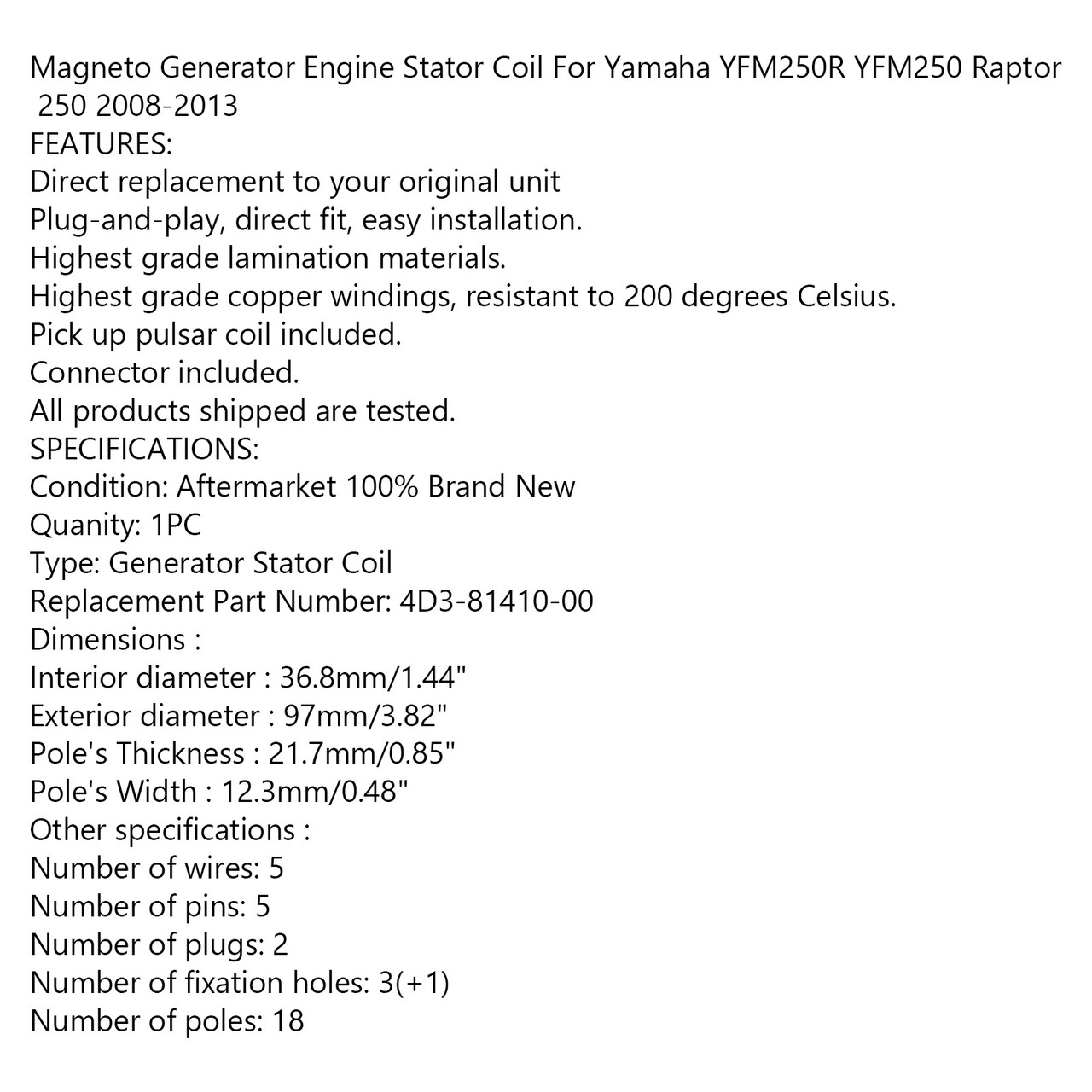 Magneto Generator Engine Stator Coil Fit for Yamaha YFM250R Raptor 250 08-13