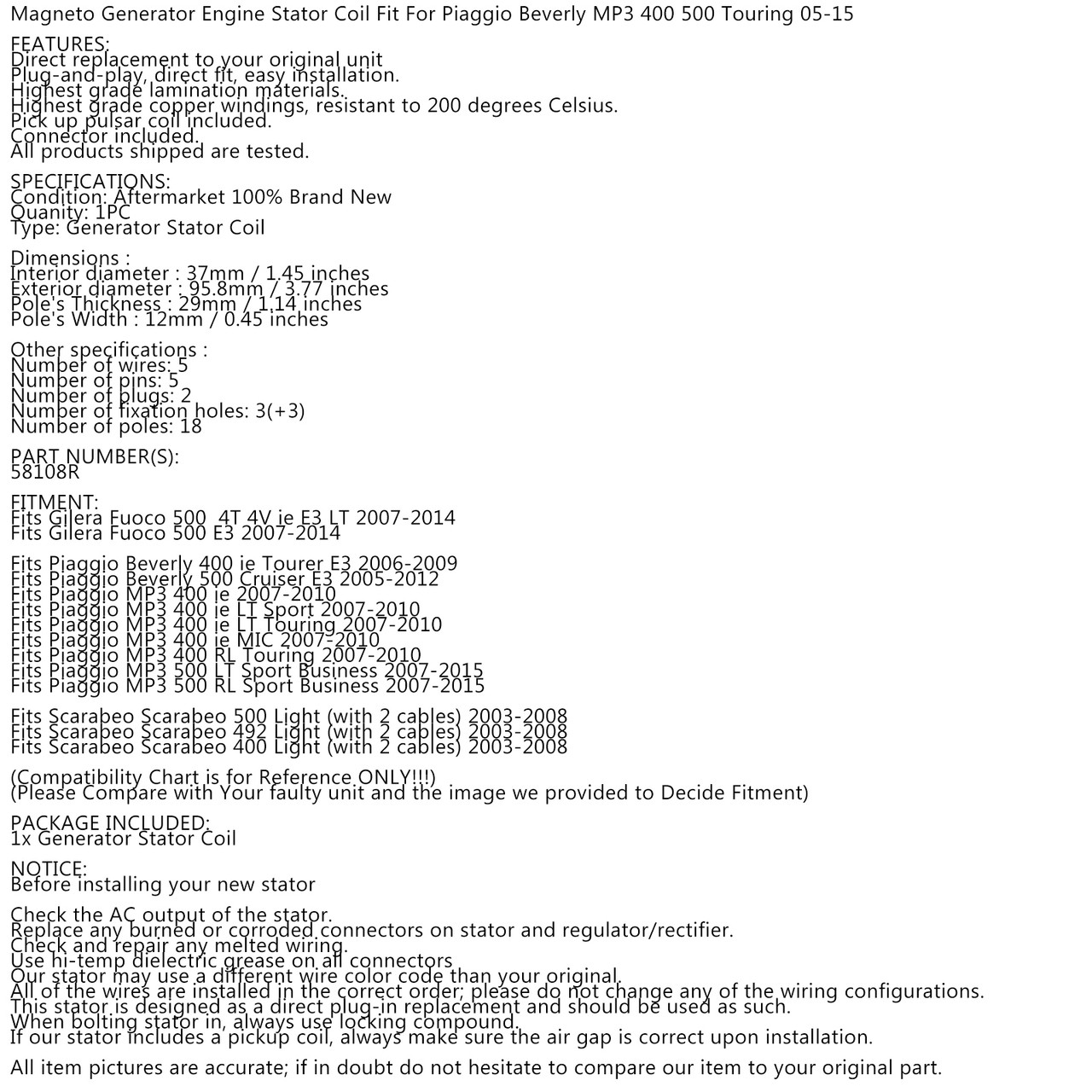 Magneto Generator Engine Stator Coil Fit for Scarabeo Scarabeo 500 Light 03-08