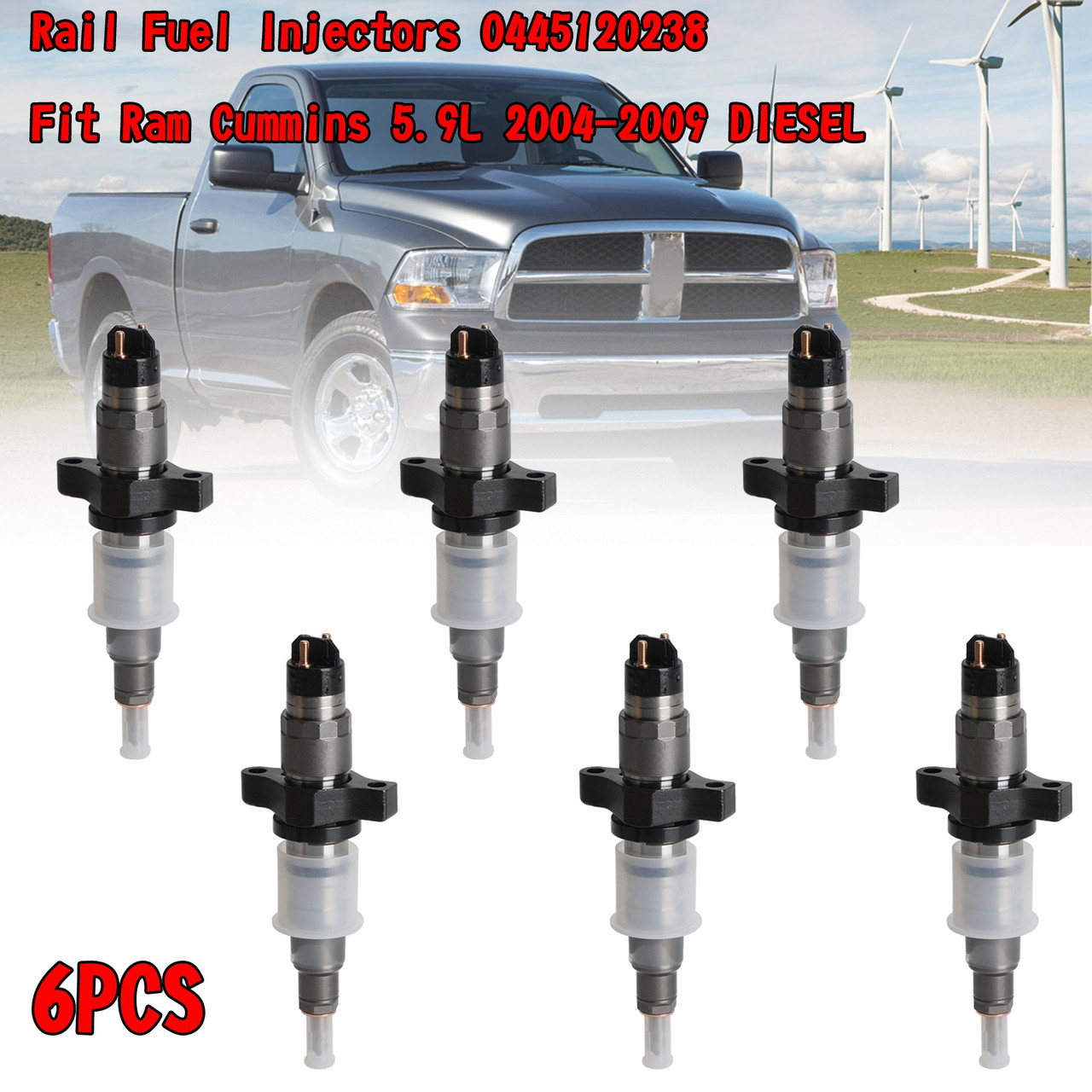 6PCS Rail Fuel Injectors 0445120238 Fit for Dodge Pick-up Ram Truck 5.9L Diesel Engine 05-09